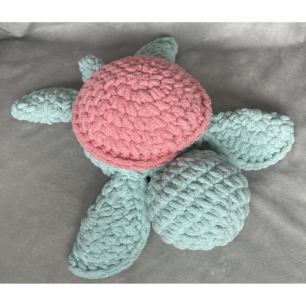 Crochet Turtle Pink Green Sparkles 12" x 13" Handmade Strawberry Pink Lemonade - Picture 2 of 8